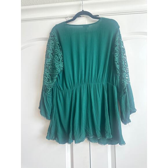 Torrid Emerald Green Boho Lace Eyelet and Frills Flowy Blouse - Picture 6 of 6